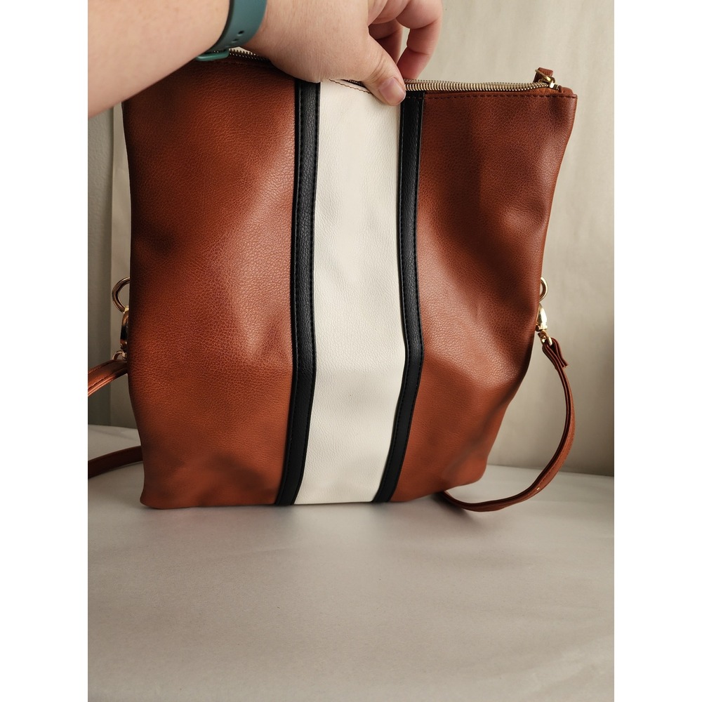 Brown Faux Leather Foldover Crossbody Bag with Cream Black Stripe Detail